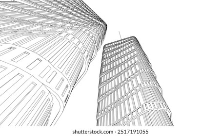 Architectural building vector 3d drawing on white background