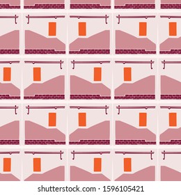 Architectural building window vector seamless pattern. Paper cut style collage background. 