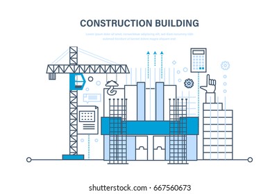 Architectural building work process houses with crane, in the city and construction machines, construction site, with technical equipment and machines. Construction building concept.