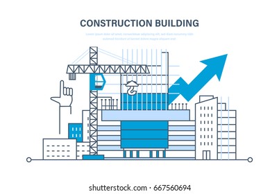 Architectural building work process houses with crane, in the city and construction machines, construction site, with technical equipment and machines. Construction building concept.