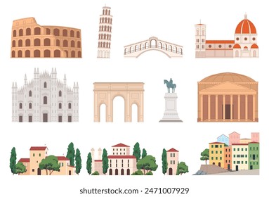 Architectural buildings of Italy. Historical monuments of architecture. Beautiful tourist spots in sunny Italy. Vector illustration