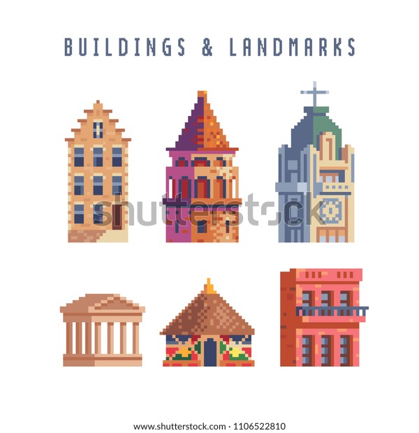 Architectural Buildings Pixel Art Icons Cathedral 스톡 벡터(로열티 프리 ...