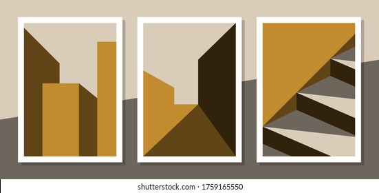 Architectural buildings show what makes a beautiful 'sunshine' shadow appear yellowish-brown shadow. Minimal modern posters, wall art, print art, digital art, architecture, and decoration.