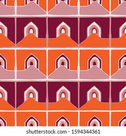 Architectural Buildings Vector Seamless Pattern. Paper Cut Style Collage Background. House Archway for Vacation Hotel Brochure, Urban Travel Tourism Wallpaper. Trendy Modern All Over Print Eps 10.