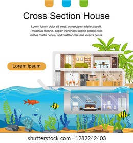 Architectural Bureau, Real Estate Company Flat Vector Square Web Banner, Landing Page with Futuristic Mansion with Sea Bed View From Underwater Level Room, Cross Section Interior Plan Illustration