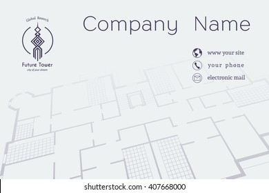 Architectural business card. Vector editable template with technical plan and contact icons  