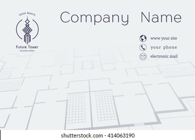 Architectural business card. Vector editable template with technical plan and contact icons  