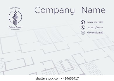 Architectural business card. Vector editable template with technical plan and contact icons  
