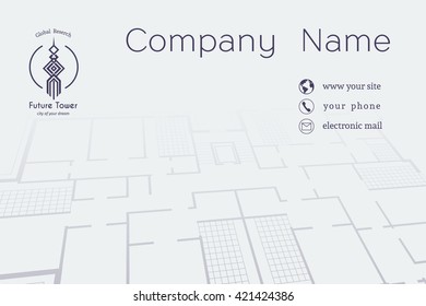 Architectural business card. Vector editable template with technical plan and contact icons  