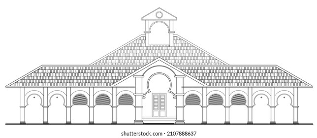 Architectural CAD illustration of a single-story building facade in 2D. Drawing in black and white. The building facade has a series of arches with big arches at the middle at the main entrance.