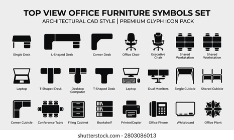 Architectural cad style premium glyph icon pack of top view office furniture. extensive collection of modern black silhouette icons for various desks, chairs, workstations, and office equipment. ideal for creating detailed floor plans, office layouts, and interior design presentations with precision.