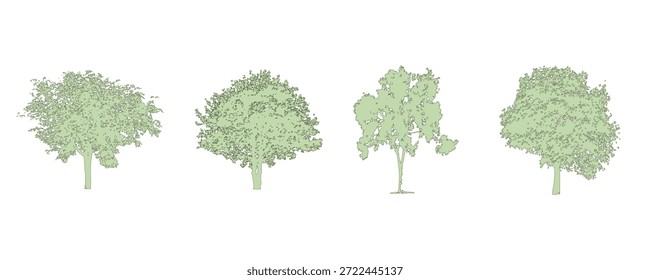 Símbolos arquitectónicos del árbol del CAD Vista superior aislada en el fondo blanco, bloques de la vegetación del diseño del paisaje para el Plan de piso de AutoCAD, planificación del sitio y uso de la construcción