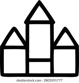 Architectural castle icon featuring three tall pointed towers. Classic fortress building design rendered in clean lines for historical themes fantasy maps and gaming assets.