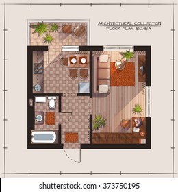 Architectural Color Floor Plan.One Bedroom Apartment