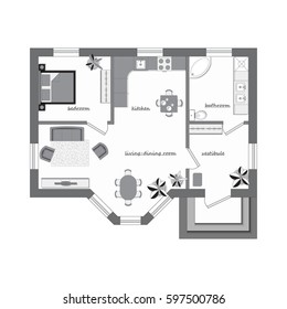 Architectural color floor Plan with furniture top view. 
One bedroom studio apartment. Vector illustration. 