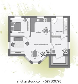 Architectural color floor Plan with furniture top view. 
One bedroom studio apartment. Vector illustration. 