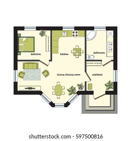 Architectural color floor Plan with furniture top view. 
One bedroom studio apartment. Vector illustration. 