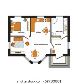 Architectural color floor Plan with furniture top view. 
One bedroom studio apartment. Vector illustration. 