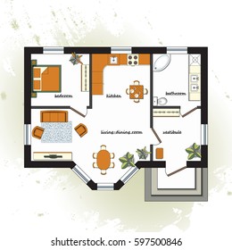 Architectural color floor Plan with furniture top view. 
One bedroom studio apartment. Vector illustration. 