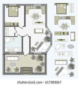 Architectural color floor Plan with furniture top view. 
One bedroom studio apartment. Vector illustration.