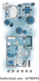 Architectural color floor Plan with furniture top view. One bedroom studio apartment. Vector illustration.