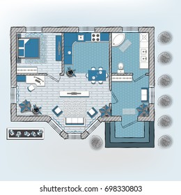 Architectural color floor Plan with furniture top view. 
One bedroom studio apartment. Vector illustration.