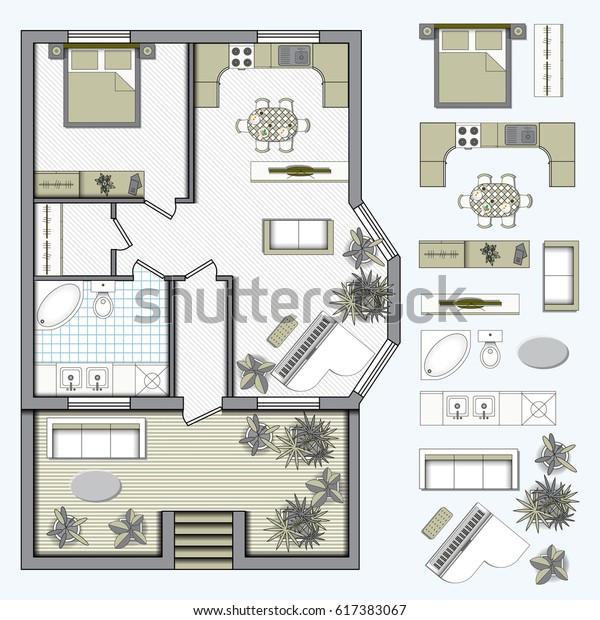 Architectural Color Floor Plan Furniture Top Stock Vector