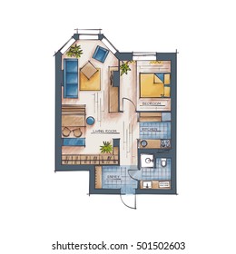 Planta de Chão de Cor Arquitetônica. Apartamento de um quarto. Renderização de estilo desenhado à mão