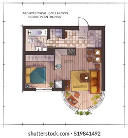 Architectural Color Floor Plan. One Bedroom Studio Apartment. Top View Handdrawn Rendering Style