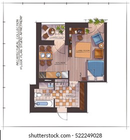 Architectural Color Floor Plan. One Bedroom Studio Apartment. Top View. Handdrawn Rendering Style