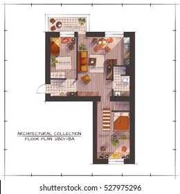 Architectural Color Floor Plan. One Bedroom Studio Apartment. Top View Handdrawn Rendering Style