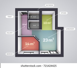 Architectural Color Floor Plan. One Bedroom Studio Apartment. Top View Rendering Style. Vector Illustration