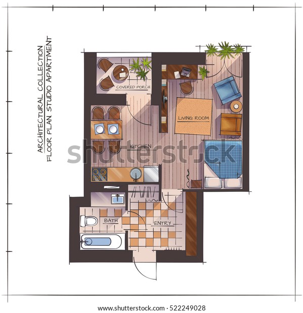 Architectural Color Floor Plan One Bedroom Stock