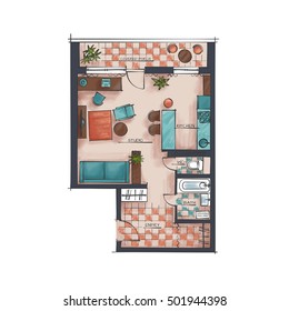 Architectural Color Floor Plan. Studio Apartment. Hand Drawn Style Rendering

