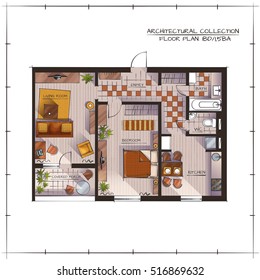 Architectural Color Floor Plan. Studio Apartment. Handdrawn Rendering Style