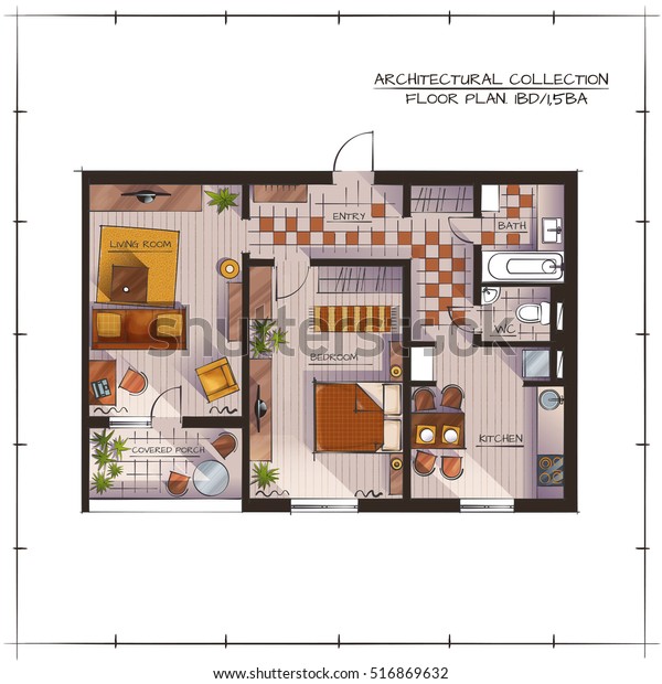 建筑色彩平面图 一室公寓 手绘渲染样式库存矢量图 免版税