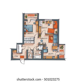 Architectural Color Floor Plan. Two Bedrooms Studio Apartment. Hand Drawn Style Rendering
