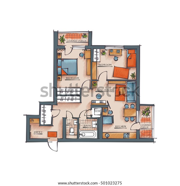 建筑色彩平面图 两卧室一室公寓 手绘样式渲染库存矢量图 免版税