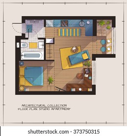 Architectural Color Floor Plan.Studio Apartment With One Bedroom