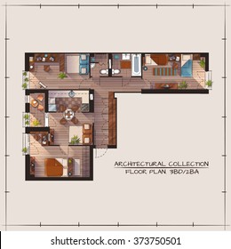 Architectural Color Floor Plan.Three Bedrooms Apartment