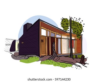 Architectural color vector sketch. Building on the ground.