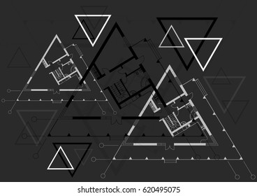 Architectural composition from the architectural plans of the house-triangle on a gray background. Vector illustration