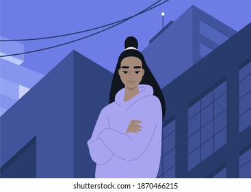 The architectural concept, a young female Asian character standing on the street in downtown, skyscrapers and city infrastructure