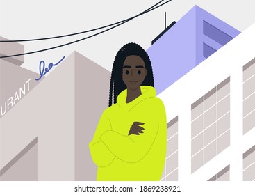 The architectural concept, a young female Black character standing on the street in downtown, skyscrapers and city infrastructure