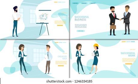 Architectural and Constriction Engineering, Creative Business Idea, Successful Partnership and Work Flat Vector Web Banners or Landing Pages Set with Happy Business People Characters Illustrations