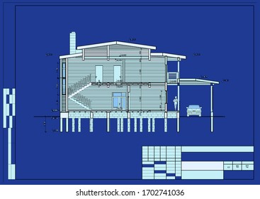 Architectural and construction drawings of sections of wooden houses, stairs to the second floor, carport. Vector.