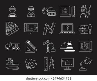 Icono de la construcción arquitectónica. Construyendo oficina de proyecto. Diseño inmobiliario. Borrador de arquitectura. Arquitecto de interiores. Plan de la casa. Plano de línea. Diseño del hogar. Conjunto de logotipo de ingeniería de Vector