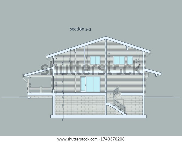 Architectural and construction section of\
a wooden two-story country house made of glued beams with a\
staircase to the 2nd floor and the basement floor.\
Vector.