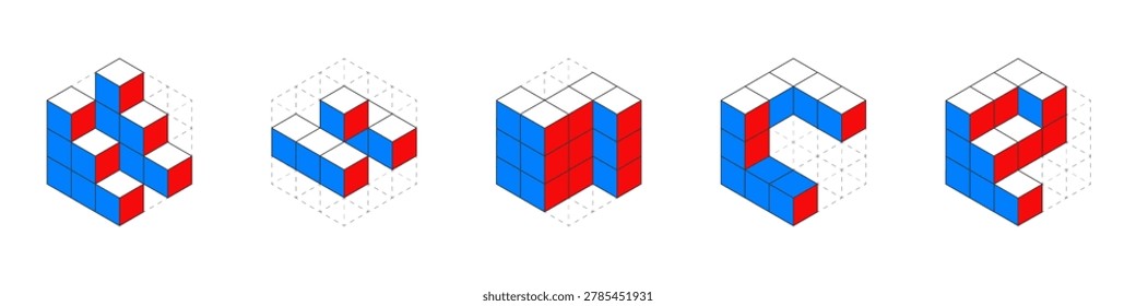 Architectural cubes, blocks. Set of isometric figures. Engineering figures for construction. Vector illustration.