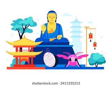 Architectural and cultural symbols of China - colored vector illustration with buddha statue, shinto shrine, silkworm, red paper lantern, asian nature. Buddhism and Shintoism, traditional values